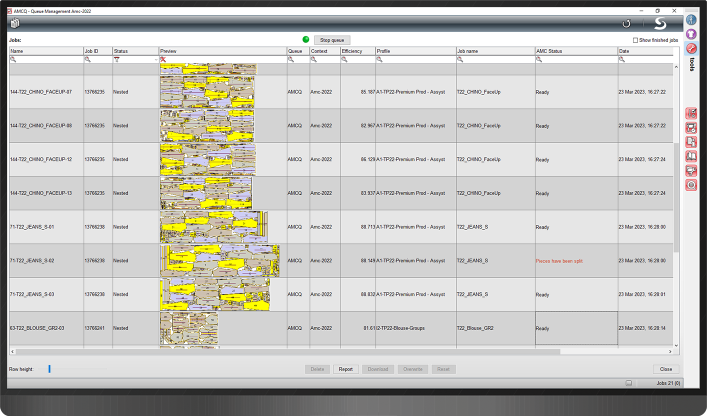 The nesting queue in Automarker shows all scheduled markers - fully integrated with Assyst.CAD