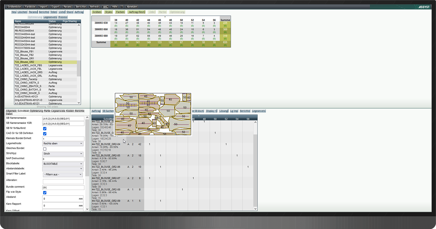 Breakdown production orders to optimize costs according to material, quality, and cutting room operations