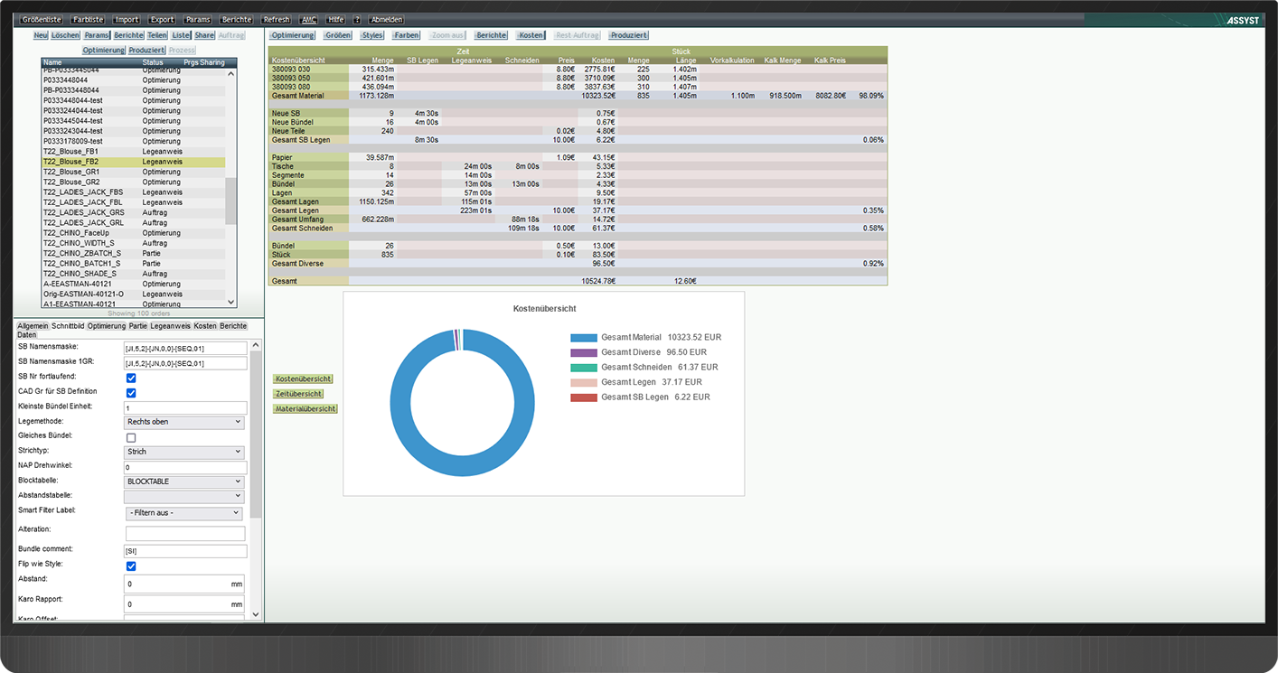 Detailed statistics and evaluations on material, operations, costs and comparisons