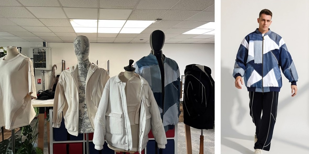 Several dress forms with sporty clothing in an atelier setting, next to a simulation of a man wearing a blue patchwork jacket and black pants.