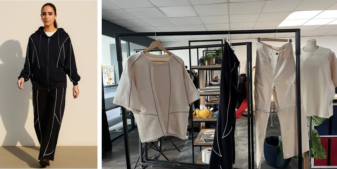 Samples of various designs in an atelier setting. To the left, a simulation of a woman wearing one of the outfits.entsprechende digitale Outfit trägt.