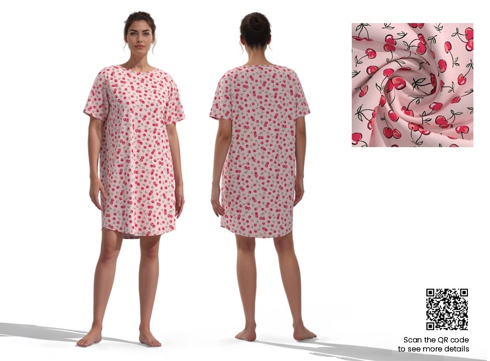 Picture of a 3D simulated woman, wearing a night dress with cherries on it.