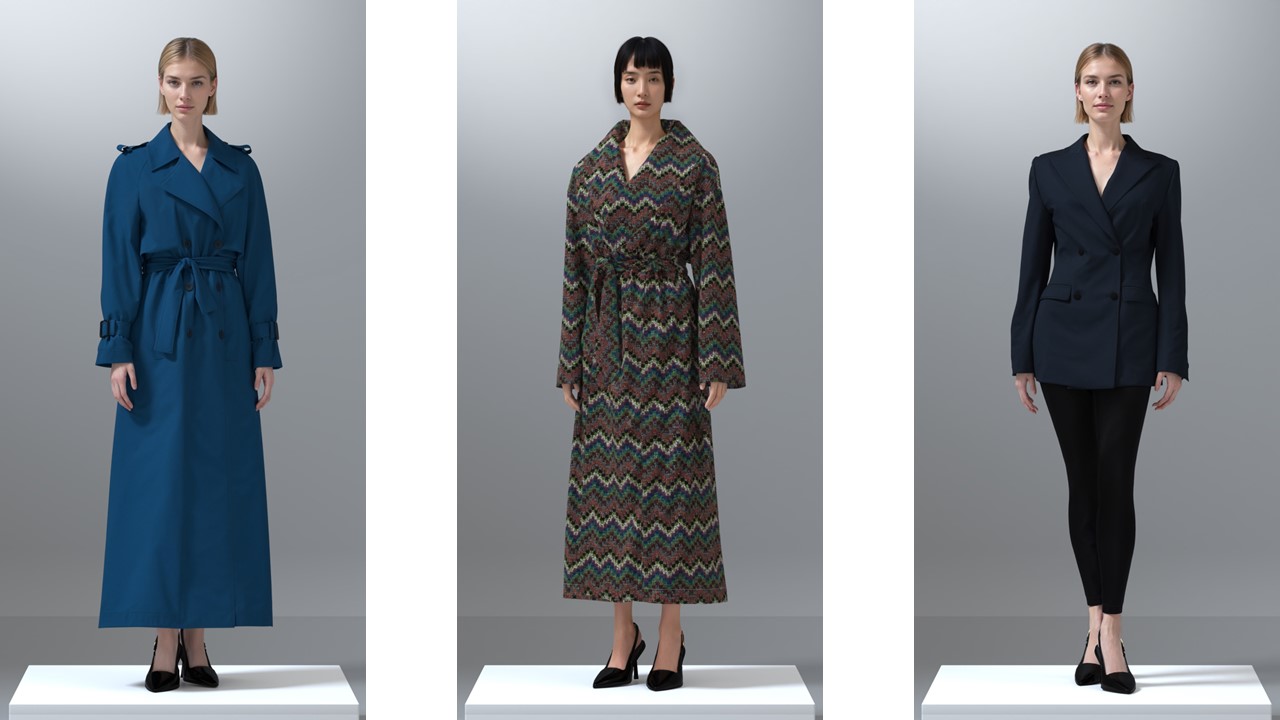 three 3D-simulated outfits on digital avatars by NextCouture, using Style3D technology
