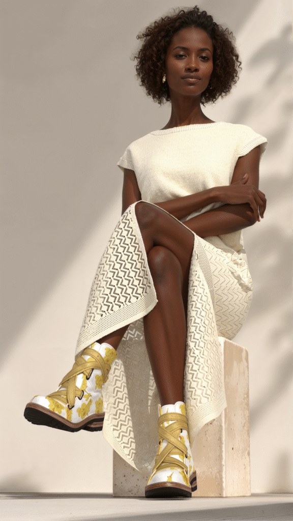 Woman, wearing a white knitwear dress