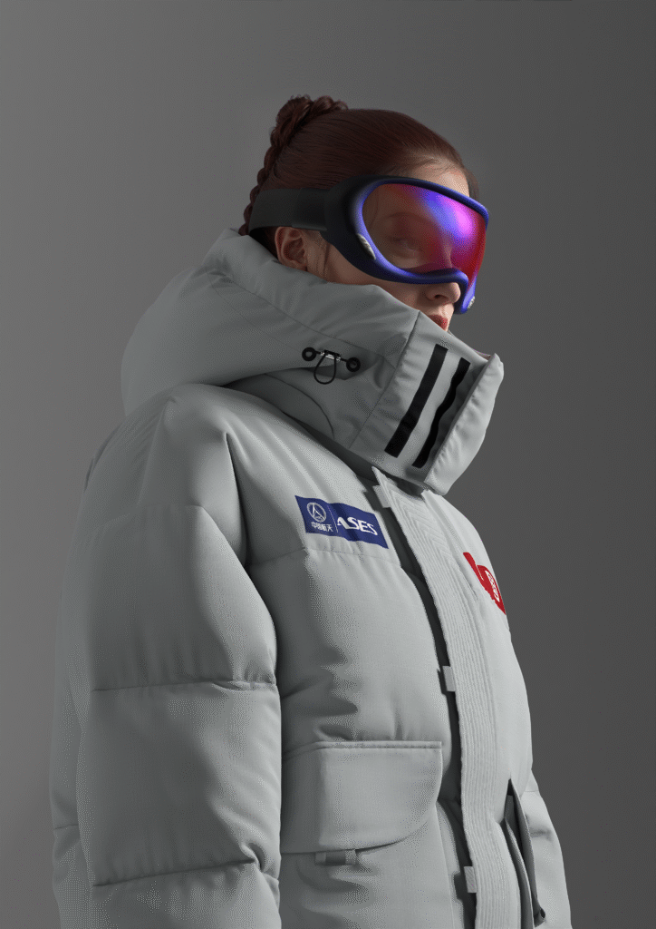 Woman, wearing a down jacket and ski glasses
