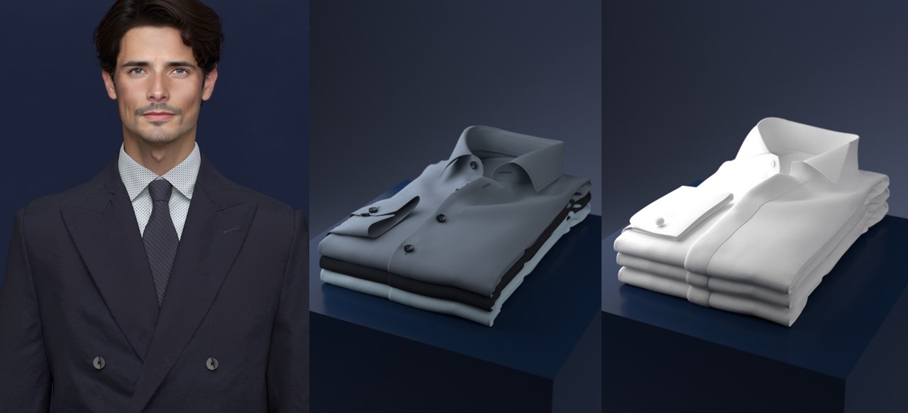 3D Simulation of a man, wearing a OLYMP business outfit and simulation of folded shirts, created in Style3D | ASSYST