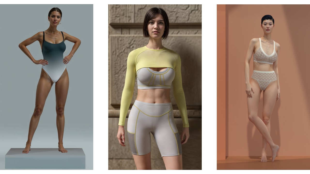 Three 3D simulations of swimwear, sportswear and night wear by Bodywear Lab, created with Style3D | ASSYST