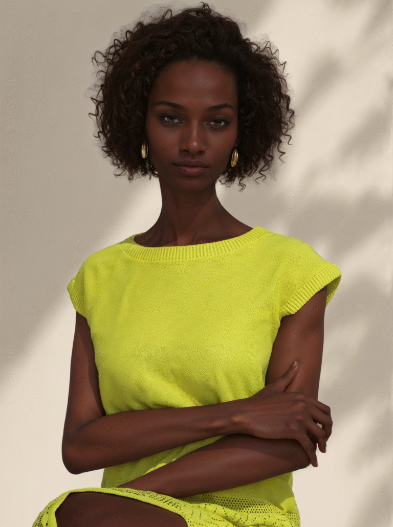 Primo piano di una donna che indossa un abito di maglia giallo