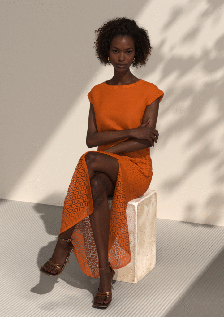 Woman, wearing an orange knitwear dress