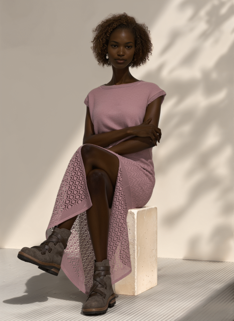 Woman, wearing a purple knitwear dress