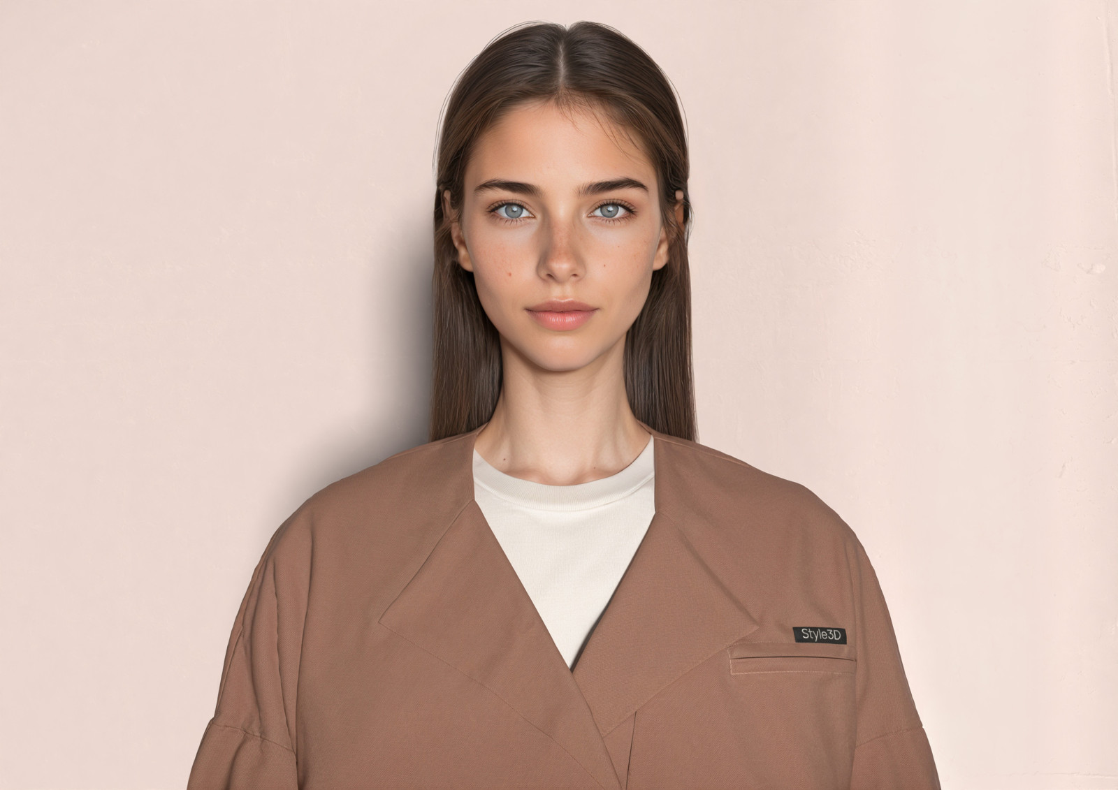 Simulation of a woman wearing a trenchcoat, created with Style3D Studio and enhanced with AI